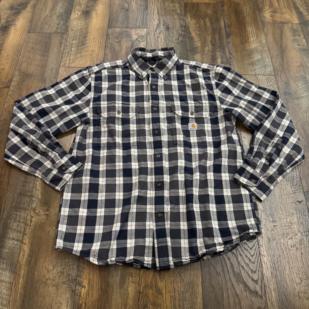 Carhartt Mens M Loose Fit Blue Plaid Long Sleeve Cotton Work Shirt‎ Button Down